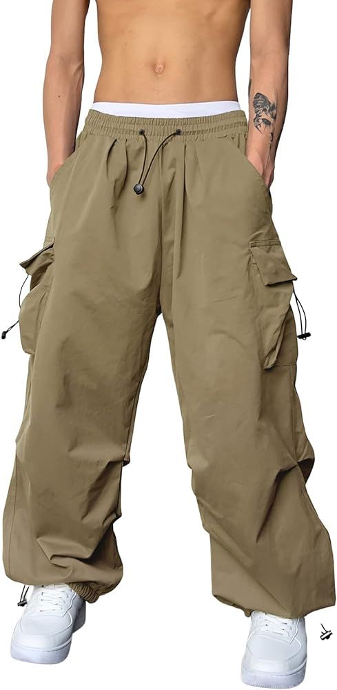 OYOANGLE Men's Cargo Pants Elastic Waist Flap Pockets Hip Hop Baggy Harem Pants | Amazon (US)
