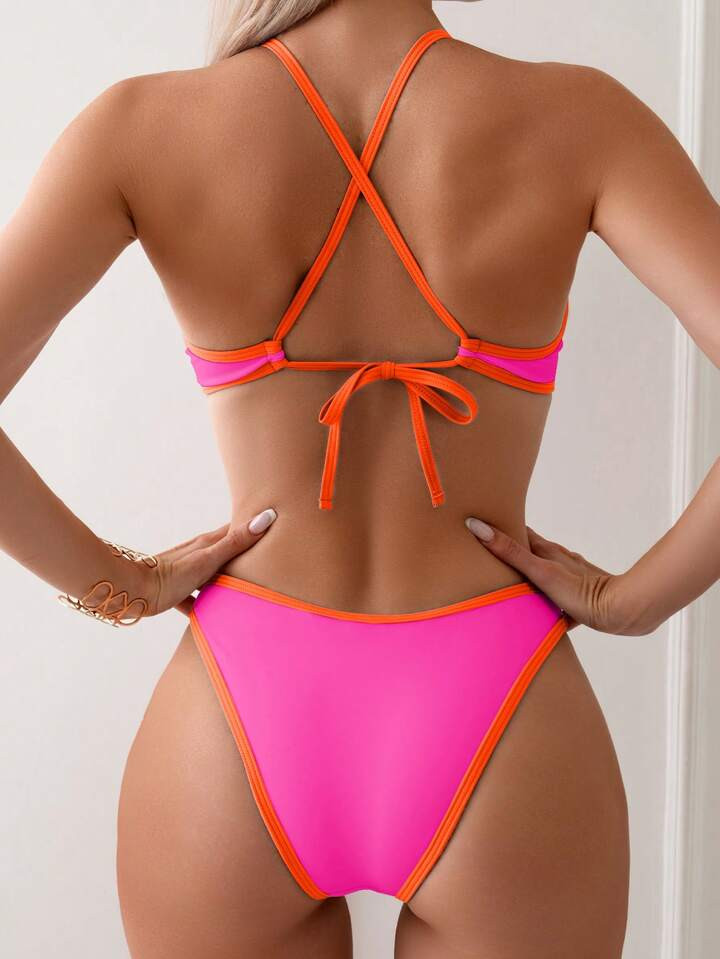 SHEIN Swim Summer Beach Women's Color Block Simple Daily Two-Piece Bikini Set | SHEIN