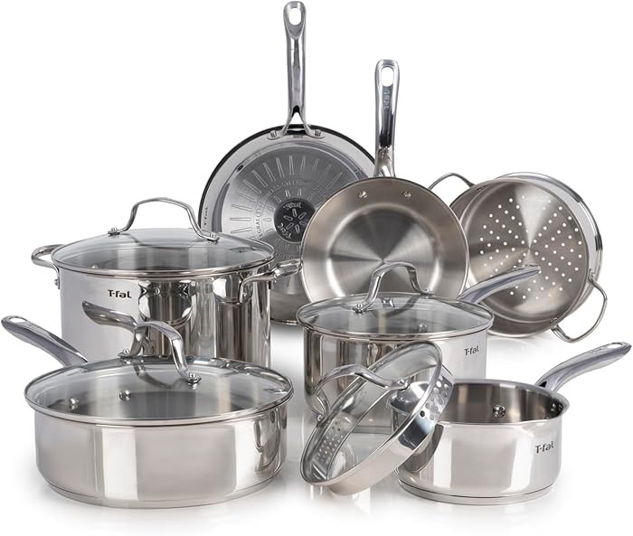 T-fal Stainless Steel Cookware Set, 11 Piece, Induction Cookware, Oven Safe to 500°F, Kitchen Co... | Amazon (US)