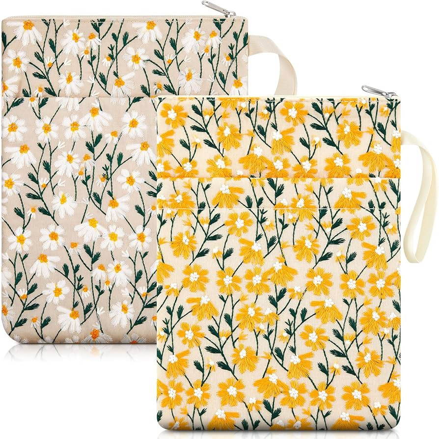 2 Pcs 12''x9'' Embroidered Daisy Book Sleeve with Handle Zipper for Book Lovers Washable Fabric F... | Amazon (US)