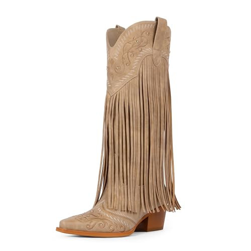 Modatope Cowgirl Boots for Women Cowboy Knee High Boots, Tan, 7.5 | Amazon (US)