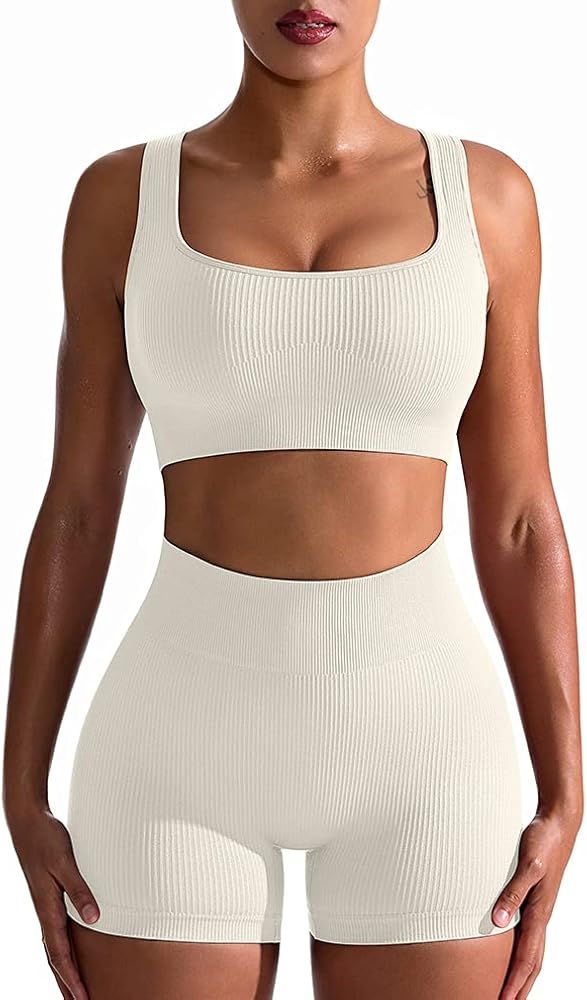 OQQ Workout Outfits for Women 2 Piece Seamless Ribbed High Waist Leggings with Sports Bra Exercis... | Amazon (US)