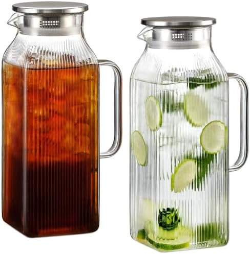 2 Pack 2 Liter/68 oz Square Glass Pitcher with Lid, Classic Stripes Water Pitchers with Handle fo... | Amazon (US)