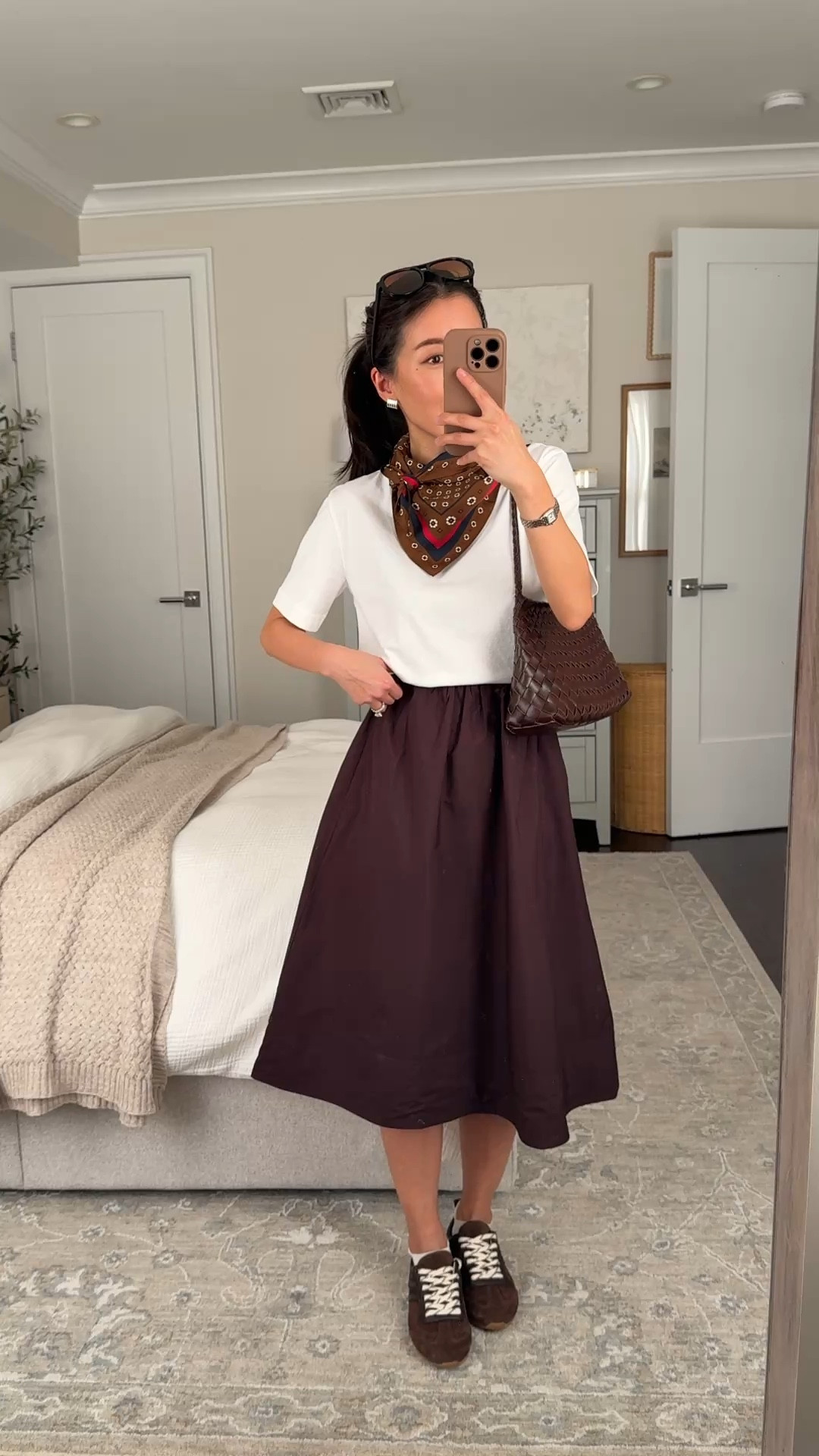 Easy outfit formula from my recent sudoku packing post

• Jcrew cotton poplin midi skirt xxs petite, I also own this skirt in white in regular sizing - regular is 2 inches longer and bigger at the waist, has pockets, a stretchy waist, and is unlined which makes it super light and breathable 

• Jcrew relaxed cropped tee xxs, boxier cut that is shorter in length, not too thin

• Madewell medium silk bandana

• Dolce Vita Viper sneakers, runs small. I am usually 5 to 5.5 in other brands and sized up to a 6. 

• Anthropologie woven shoulder bag with liner

• Madewell sunglasses

Petite friendly skirt, easy mom outfit, transitional spring outfit

#LTKPetite #LTKmomlife #LTKootd