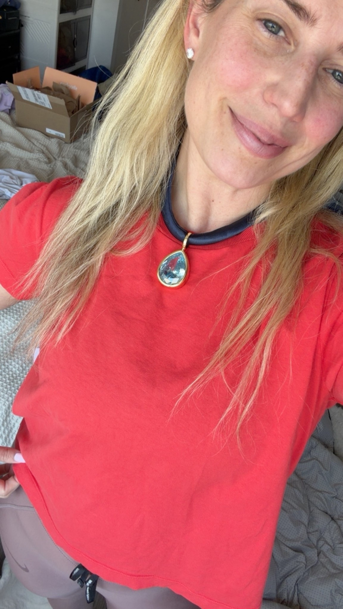 Poppy red and this NECKLACE!! I am obsessed! (Also this really is the perfect tee!) I hope it comes back in stock! 

#LTKmomlife #LTKOver40 #LTKSeasonal