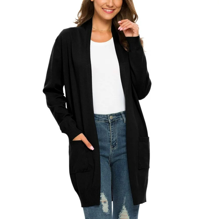 MLANM Essential Solid Open Front Long Knited Cardigan Sweater for Women, XL Black | Walmart (US)
