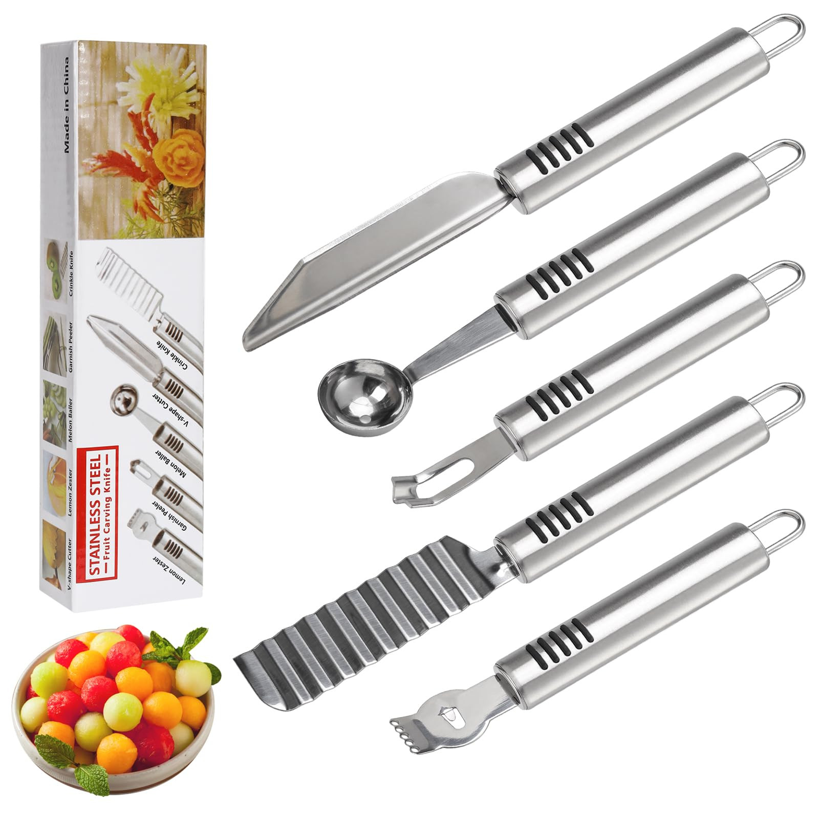 Stainless Steel Fruit Carving Knife Set, 5 Pack Vegetable Engraving Blades for Kitchen, Melon Bal... | Amazon (US)