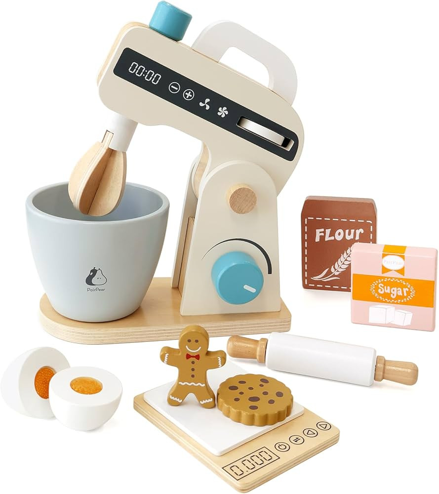 PairPear Play Food Stand Mixer, Wooden Toys Bake Cookies Playset, Multi-Function Play Kitchen Acc... | Amazon (US)
