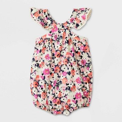 Baby Girls' Floral Flutter Sleeve Romper - Cat & Jack™ Pink | Target