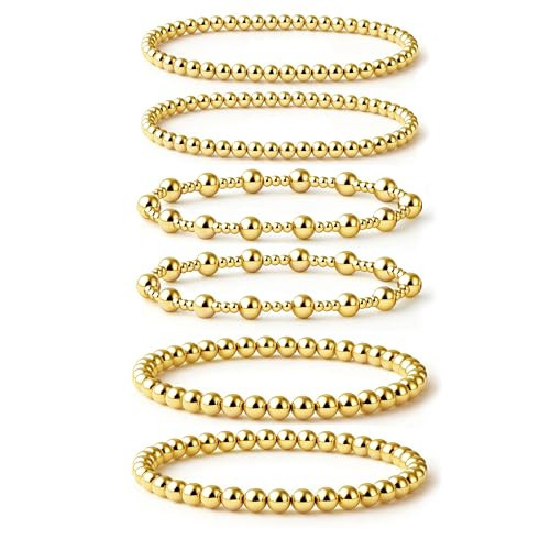 HERIER Gold Bracelets for Women 14K Gold Plated Stretch Gold Beaded Bracelets for Women Trendy Stackable Bead Ball Bracelet Gold Jewelry | Amazon (US)