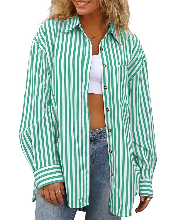 CHYRII Womens Striped Button Down Shirt Casual Long Sleeve Blouse Top | Amazon (US)
