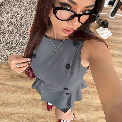Women's Casual & Office Wear Solid Color Double-Breasted Sleeveless Cinched Waist Shirt | SHEIN
