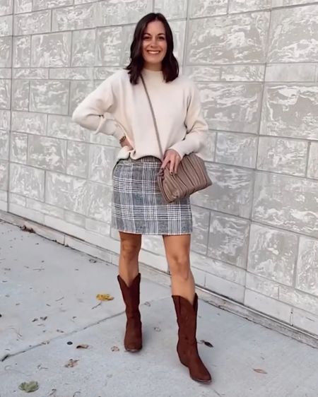 Winter outfit - amazon plaid skirt (true to size wearing a small), amazon sweater (true to size wearing a small), amazon purse, cowboy boots 

#LTKSeasonal #LTKstyletip #LTKHoliday