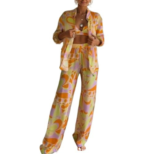Akivide Women's 2 Piece Outfits Beach Vacation Sets Hawaiian Tropical Long Sleeve Button Down Shirts Elastic Waist Pants | Amazon (US)