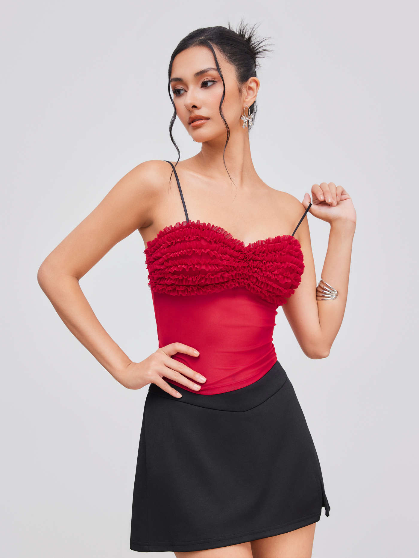 Mesh Mesh Sweetheart Neckline Solid Lettuce Trim Cami Top For Music Festival/Live House Party/Clu... | Cider