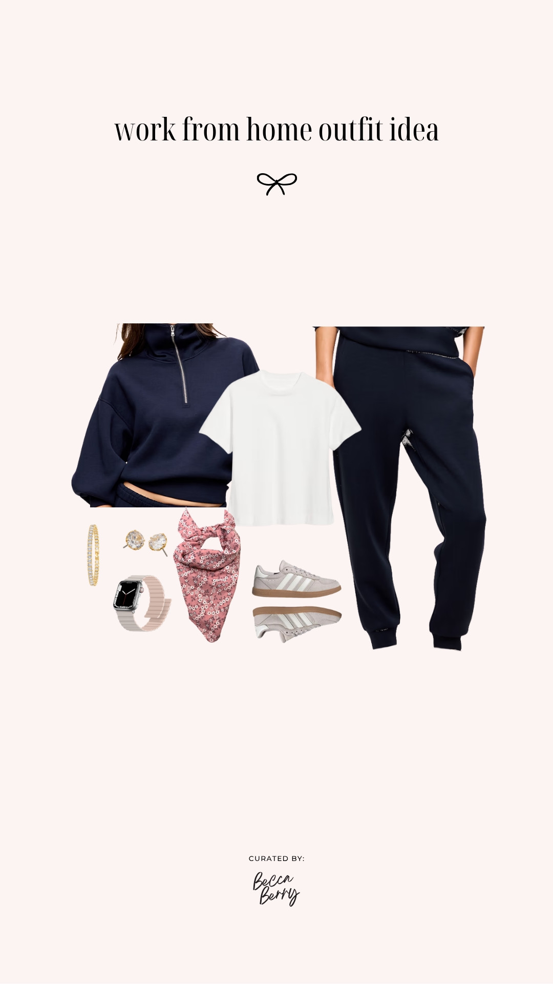 Thursday’s dress code: elevated sweats. 💙

I’m wearing the Old Navy Bounce Fleece Half-Zip Pullover + High-Waisted Bounce Fleece Joggers in In The Navy with a white heavyweight crew-neck tee underneath.

The matching navy pieces keep the outfit cohesive, while the white tee and blush pink Amazon bandana add enough contrast to make a sweatsuit feel intentionally styled.

Kate Spade studs, a tennis bracelet, Apple Watch, and adidas sneakers finish this comfortable midsize WFH outfit.

Proof that your work-from-home wardrobe can absolutely include sweatpants.

Save this for your next cozy workday.

#LTKootd #LTKMidsize #LTKTravel