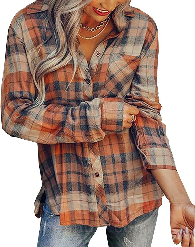 Women's Pumpkin Spice Dreamer Plaid Top Fall Color Block Button Down Long Sleeve Shirt Blouse | Amazon (US)