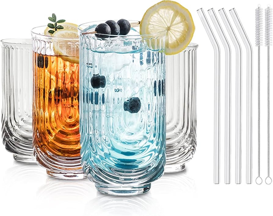 KEMORELA Drinking Glasses with Art Deco Cocktail Glasses Set of 4 Glass Cups, Arch Design Glasswa... | Amazon (US)