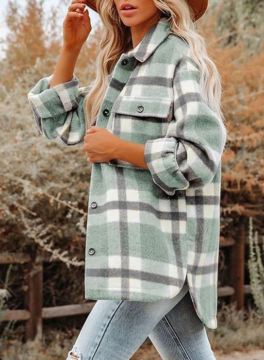 Dokotoo Womens Casual Plaid Button Down Long Sleeve Shirts Flannel Shacket Jacket Coats | Amazon (US)