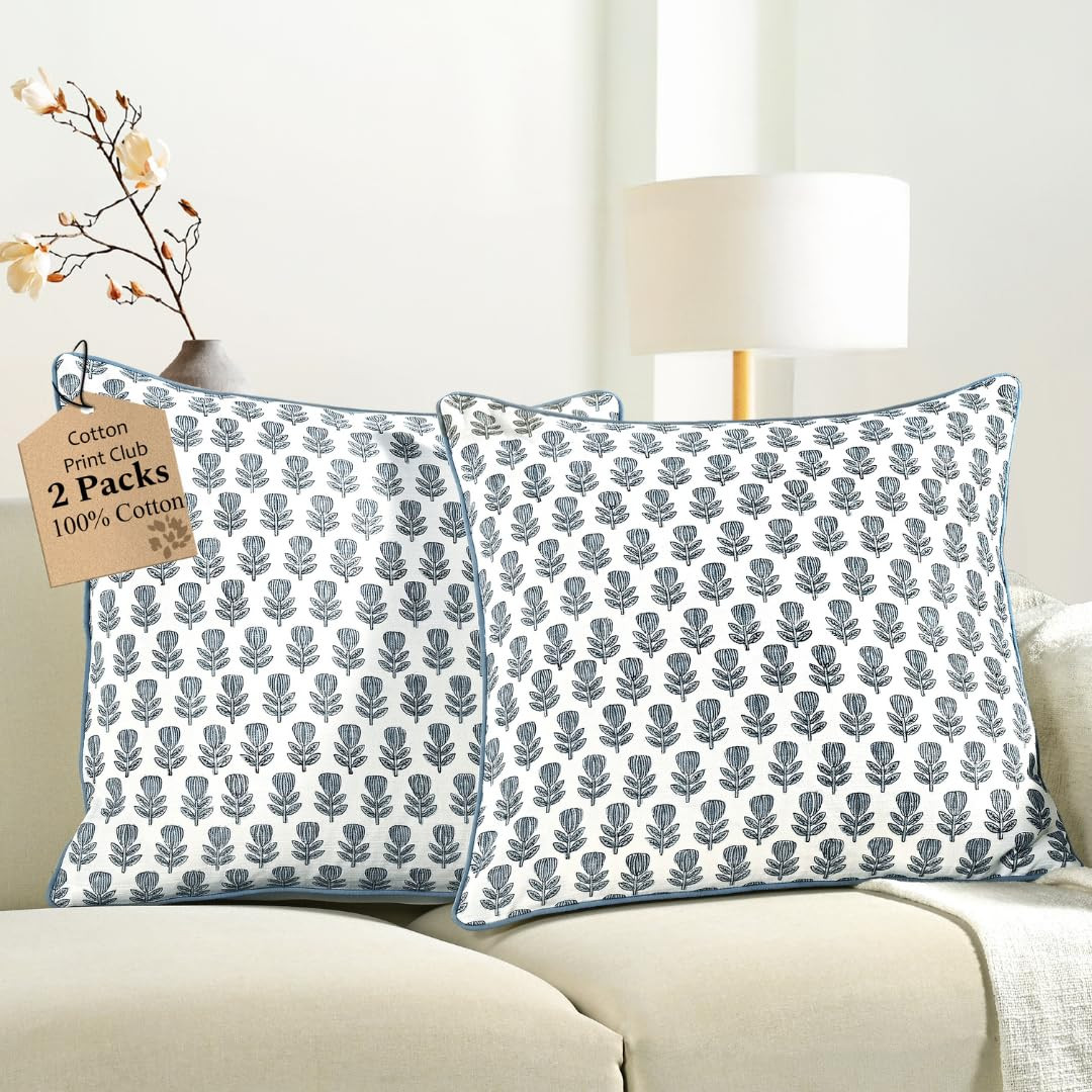 CPC Morning Bloom Blue Block Print Throw Cushion Cover 24 x 24 Inch Set 2 - Decorative Boho Flora... | Amazon (US)