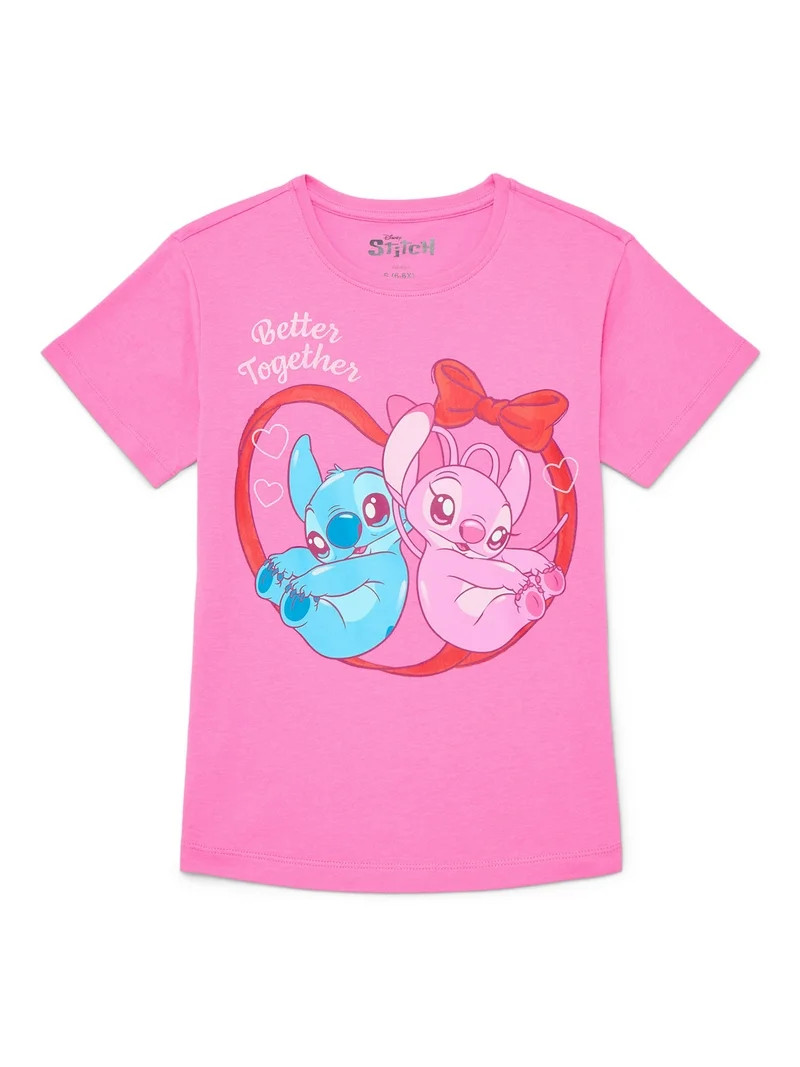 Stitch & Angel Girls Valentine's Day Graphic Tee, Sizes 4-16 | Walmart (US)