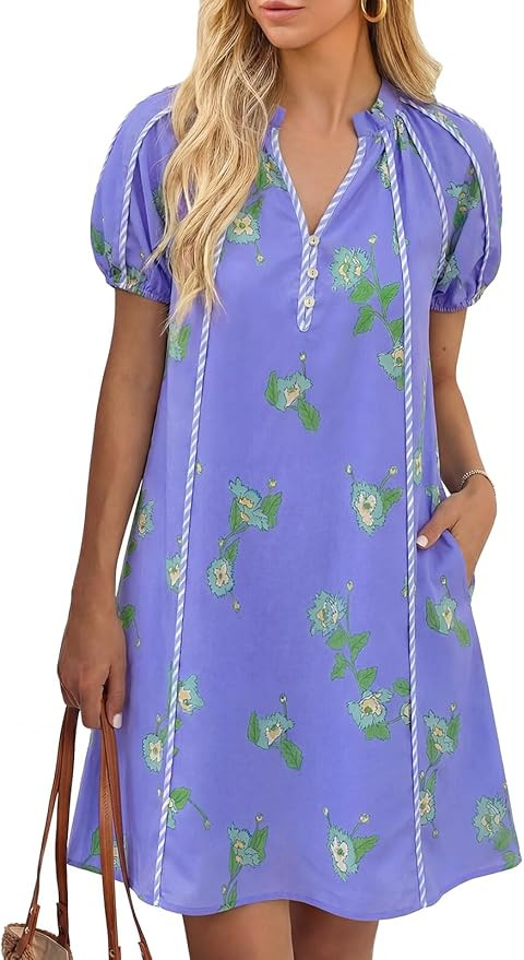 Cicy Bell Womens Summer Puff Sleeve Mini Dresses Floral Print Ruffle Button V Neck Dress Loose Fi... | Amazon (US)