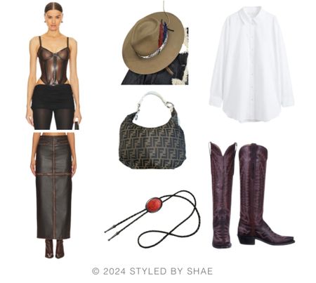 Rodeo style Inspo 
Brown latex corset layered on top of a white button down (this one is wrinkle free)
Brown faux leather skirt 
Lucchese Priscilla boots 
Kemo sabe hat (linked similar)
Bolo tie from amazon


#LTKsalealert #LTKfindsunder50 #LTKstyletip