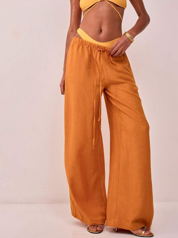 MUSERA Textured Linen Feel Tie Waist Trousers Vacation Summer Boho Elegant Holiday Casual Beach C... | SHEIN