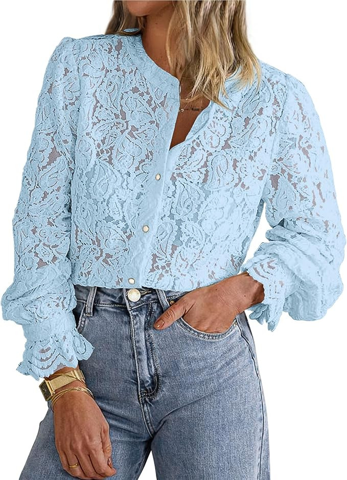 PRETTYGARDEN Women's Dressy Casual Lace Blouse Long Sleeve Button Up Shirts Tops Spring Fall Fash... | Amazon (US)