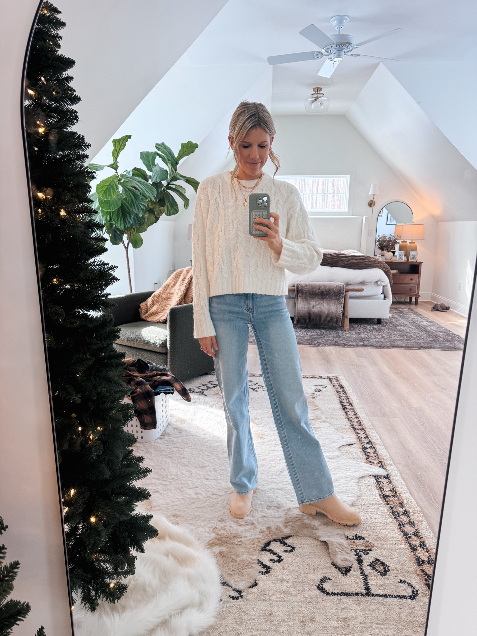 Same quince jeans I’m OBSESSED with but in a lighter color: cool blue👖 Some were asking about sizing & I’d say they’re tts (I’m in a 24) & 32in inseam. I’m 5’6 & have long legs and a short torso! Also got these boots suggested by a friend & I LOVE THEM! This cozy sweater will be on repeat all season😍🎄

#LTKmomlife #LTKootd #LTKHoliday