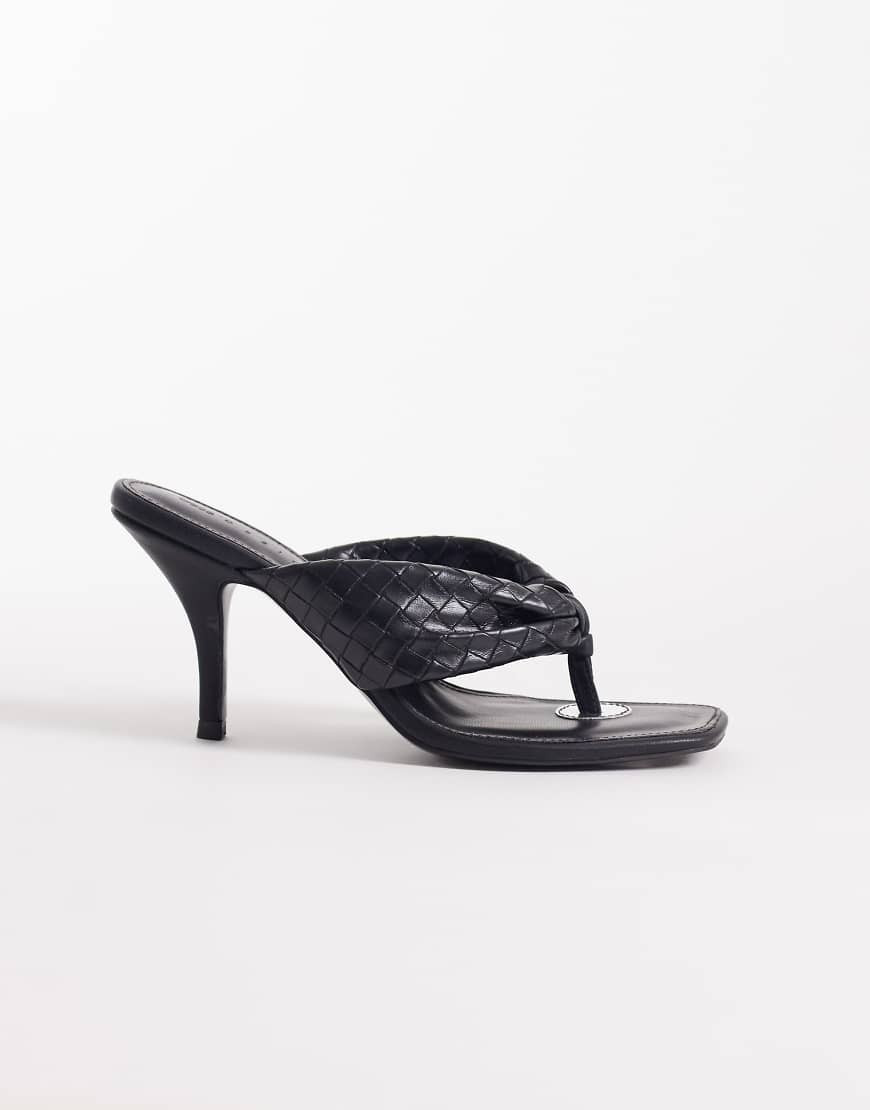 ASOS DESIGN Hot-stuff plaited toe lingerie thong heeled sandals in black | ASOS (Global)