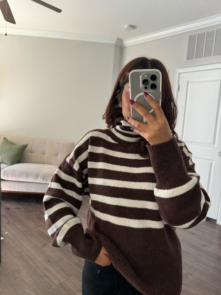 Lightweight turtleneck pullover/sweater: brown and cream stripes. Sweater is not thick  I’m wearing small.  Pullover/sweater  is currently on sale. 

#LTKfindsunder50 #LTKsalealert #LTKxTarget