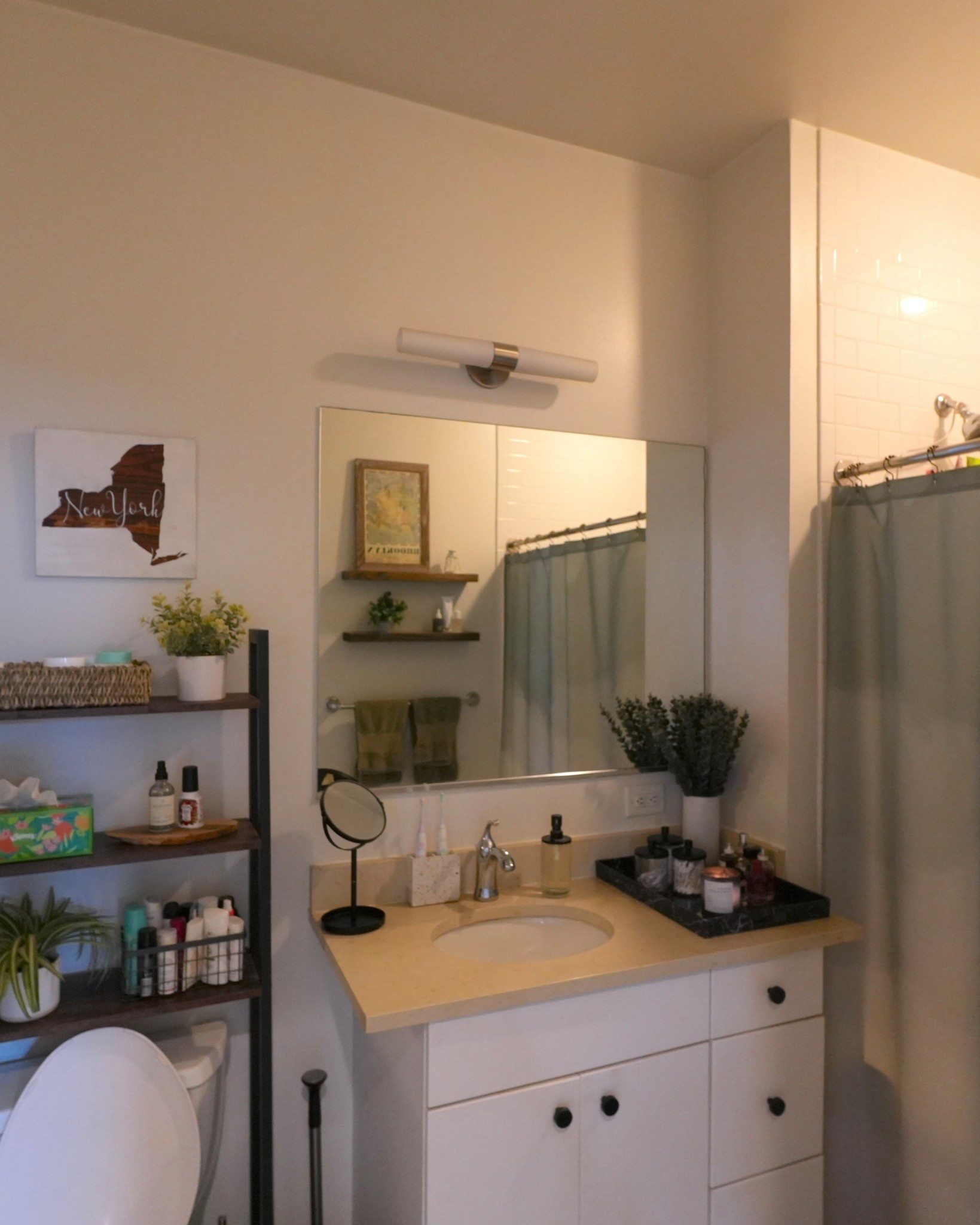 I love how fresh and simple our bathroom feels. The glass shower doors make the space feel bigger, while the shelving unit gives us extra storage for towels and skincare. I keep a few plants in here to add a pop of green and make it feel spa-like. A white vanity with drawers helps hide away clutter while keeping everything within reach.

#LTKFindsUnder100 #LTKHome