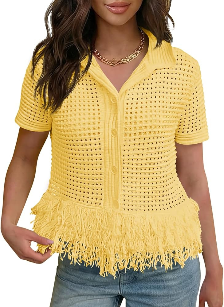 Fisoew Womens Crochet Cardigan Short Sleeve Fringe Collared Button Up Sweater Tops Boho 2026 Summ... | Amazon (US)