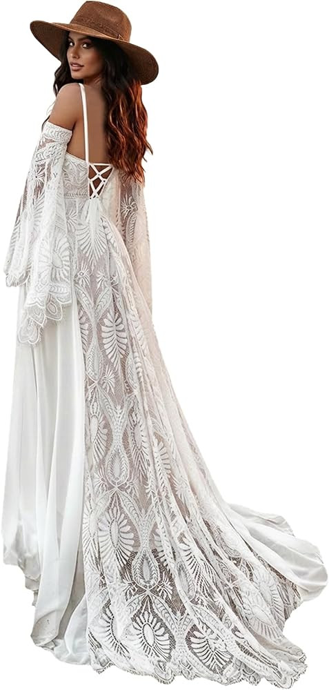 Women's Halter Lace Wedding Dress Removable Bell Sleeves High Slit A Line Long Informal Beach Bri... | Amazon (US)