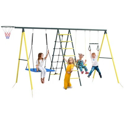 Outsunny Swing Set for Backyard, 5 in 1 Heavy-Duty A-Frame Stand Outdoor Playset for Kids, with Saucer Swing, Slide, Swing Seats, Gym Rings, Basketbal | Wayfair North America