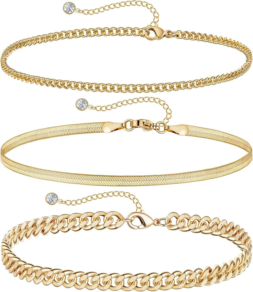 DEARMAY Gold Ankle Bracelets for Women Waterproof 3Pcs 14K Gold Plated Anklets Layered Cuban Link... | Amazon (US)