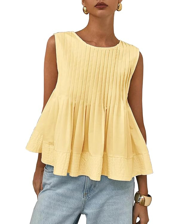 WOWULOVELY Womens Summer Pleated Peplum Sleeveless Blouse Tank Tops Crew Neck Babydoll Blouse Y2K... | Amazon (US)