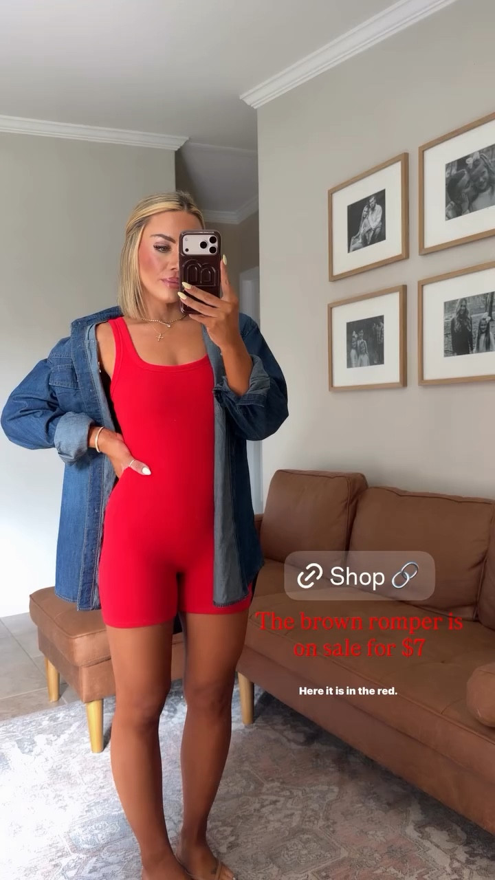 The brown romper is on sale for $7