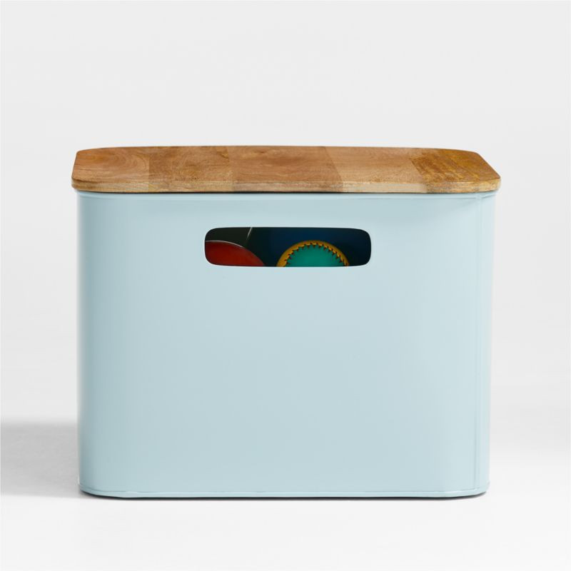 Outline Cloud Blue Medium Metal Kids Storage Bin with Wood Lid + Reviews | Crate & Kids | Crate & Barrel