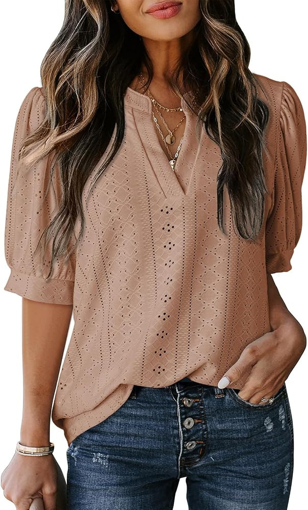 Dokotoo Womens Summer Business Casual Blouses V Neck Short Sleeve Shirts Hollow Out Cute Lace Top... | Amazon (US)