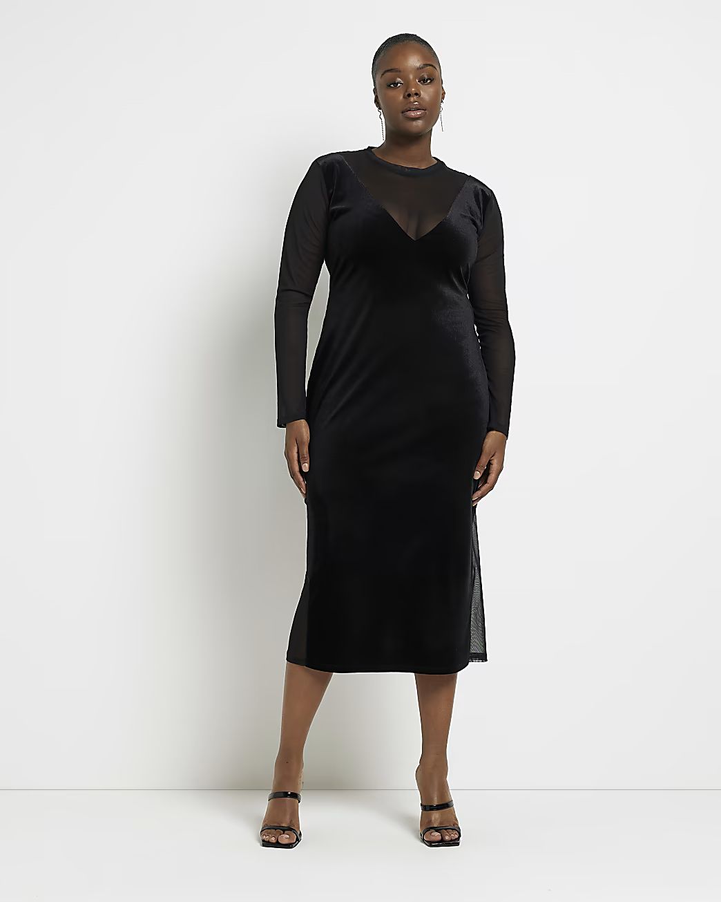 River Island Womens Plus Black velvet mesh bodycon midi dress | River Island (UK & IE)