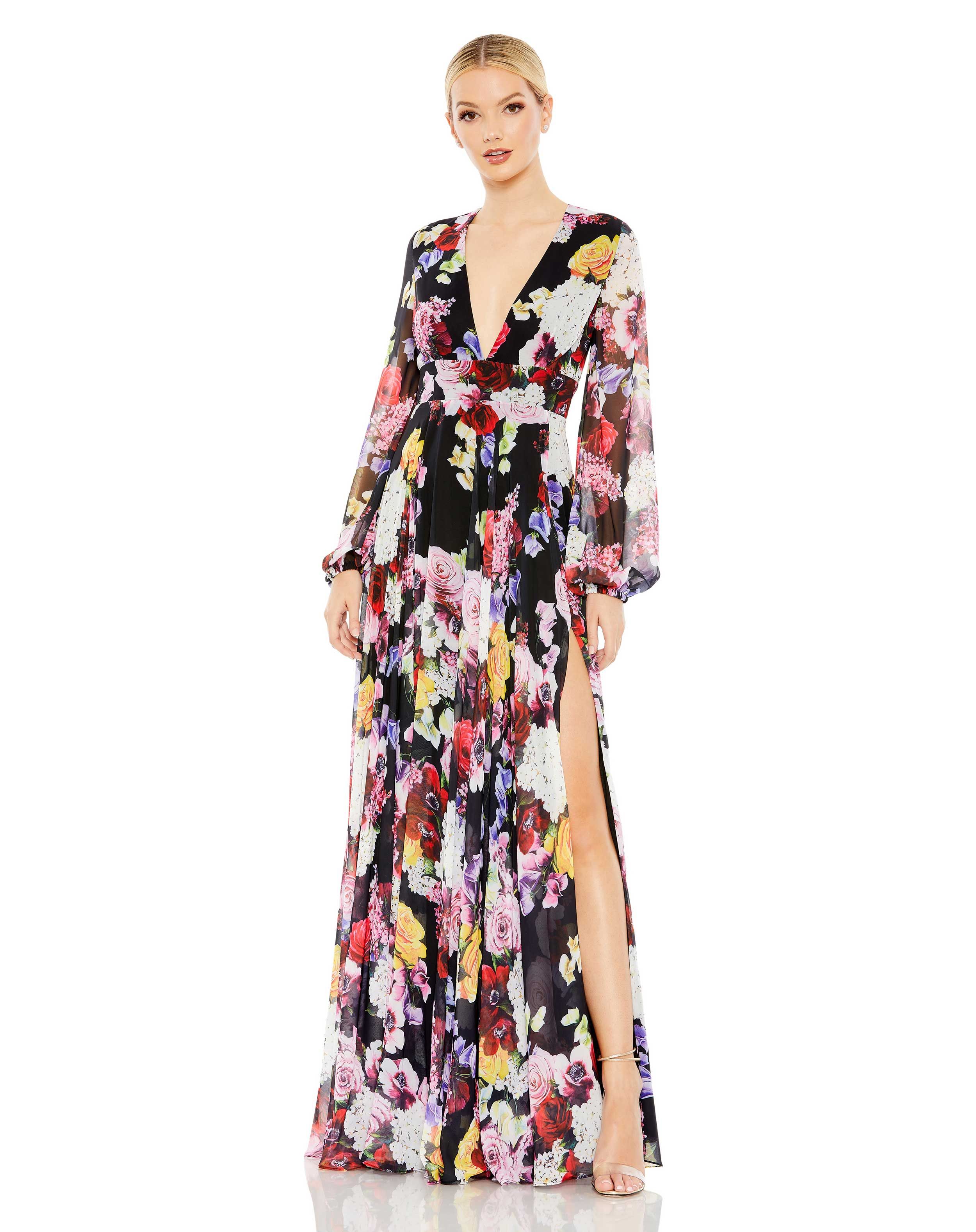 Floral Print Illusion Long Sleeve V Neck Gown | Mac Duggal