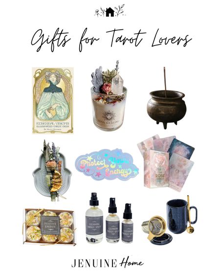 Gifts for tarot lovers. Crystal  topped candle. Rose oracle card deck. Positive energy sticker. Protection spray. Tea mug and strainer. Positivity candles. Smoke cleansing stick. Tarot card deck. Caldron incense holder  

#LTKHoliday #LTKGiftGuide #LTKhome