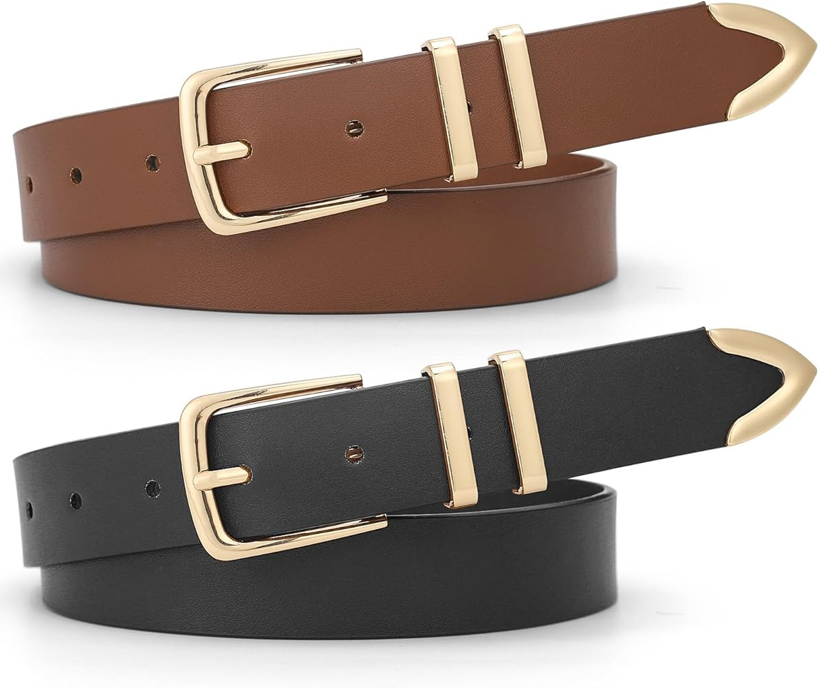 2 Pack Women's Leather Belts for Jeans Dresses Business Casual Outfits Black Leather Belt for Wom... | Amazon (US)