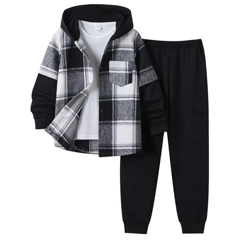EDFTM Boys Outfits Sets Plaid Flannel Long Sleeve Hoodie and Cargo Sweatpants Boy Clothes for Spring, School, Dark Gray 7-8 Years | Amazon (US)