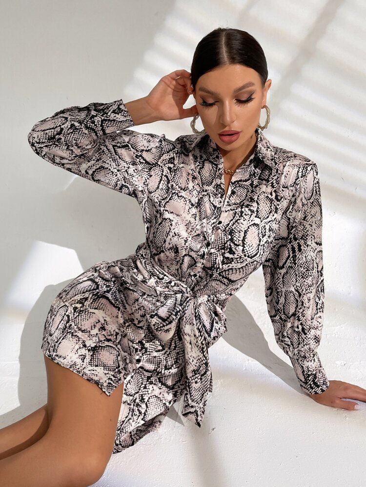 Snakeskin Print Tie Front Shirt Dress | SHEIN