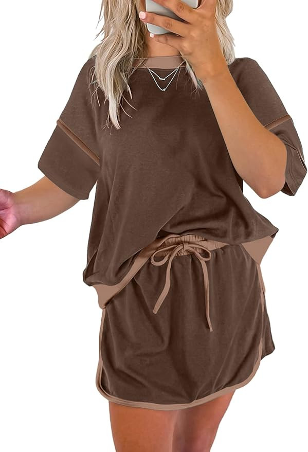 EVALESS Women's 2 Piece Sets Summer Casual Short Sleeve Tops Matching Drawstring Mini Skirt Going... | Amazon (US)