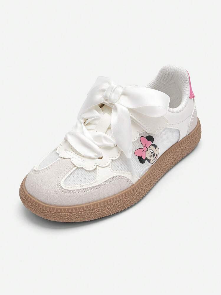 Balabala Girls' Cute Disney Sneakers –Lace-Up Casual Shoes With Bowknot & Scalloped Design, Breathable Mesh Non-Slip Rubber Sole Comfortable Walking Shoes For Kids & Toddlers | SHEIN