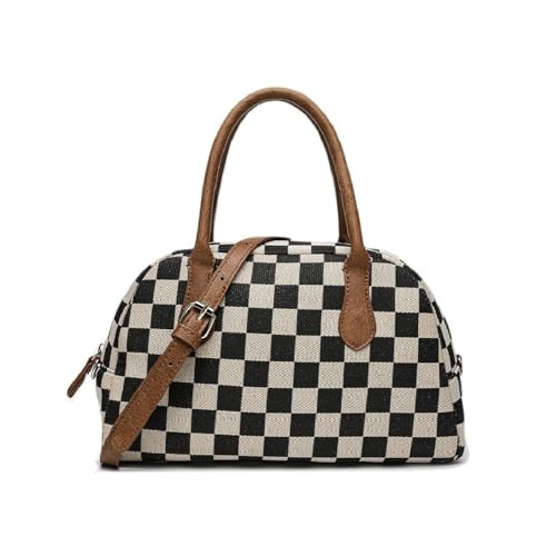 Checkered Boston Barrel Bag for Women,Canvas Handbag Top Handle Shoulder Purse with Crossbody Strap Pillow Purse for 2025 (Brown) | Amazon (US)